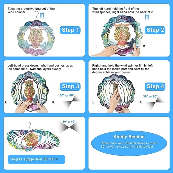 New 3D Owl Garden/Patio Multi Color Wind Spinner Decor, 12” Stainless Steel - Picture 7 of 7